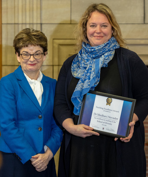 Madhavi Nevader being presented with award by Professor Dame Sally Mapstone, Principal
